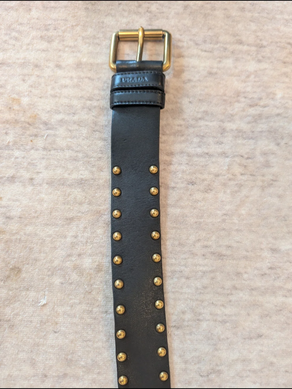 PRADA Women's Black Leather Studded Belt with Gold Buckle
